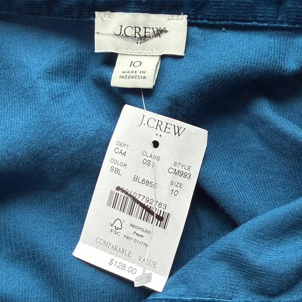 J. Crew Vibrant Blue Long Sleeve Button Down Corduroy Shirt Dress 10 NWT - Picture 4 of 5